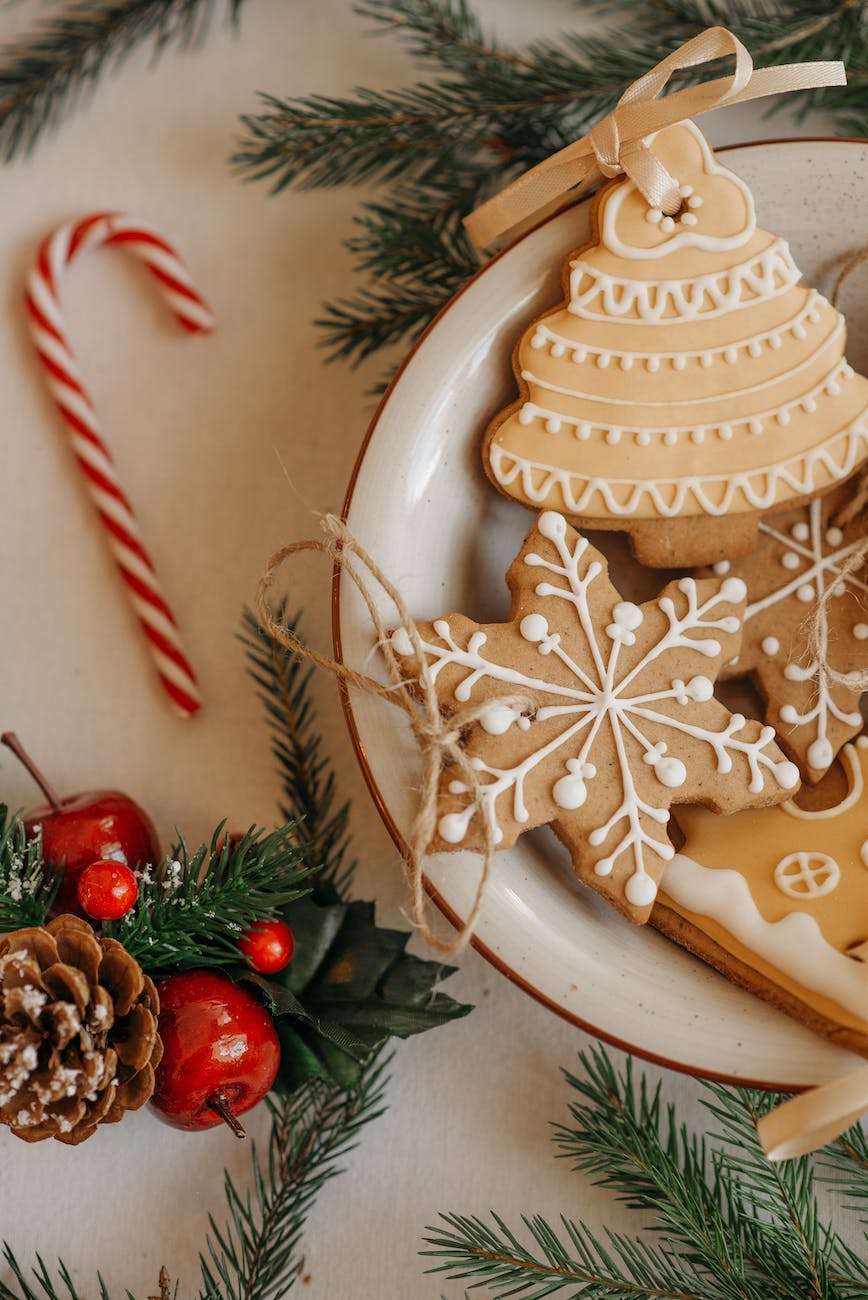 christmas cookies on white ceramic bowl